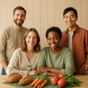 Team of people with organic products.